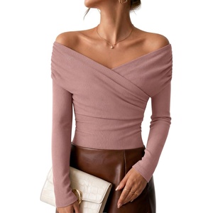 image:imageZESICA Womens 2026 Fall Long Sleeve Wrap Off Shoulder Y2K Going Out TopsDustypink