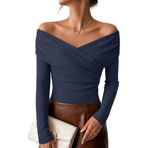 image:imageZESICA Womens 2026 Fall Long Sleeve Wrap Off Shoulder Y2K Going Out TopsNavy