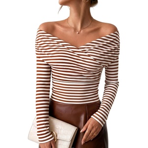 image:imageZESICA Womens 2026 Fall Long Sleeve Wrap Off Shoulder Y2K Going Out TopsStripebrown