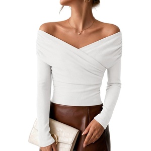 image:imageZESICA Womens 2026 Fall Long Sleeve Wrap Off Shoulder Y2K Going Out TopsWhite