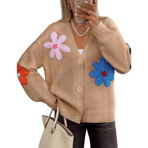 image:imageZESICA Womens 2026 Spring Floral Cardigan Sweaters Casual Long Sleeve Open Front Button Down V Neck Knit SweaterKhaki