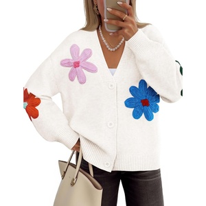 image:imageZESICA Womens 2026 Spring Floral Cardigan Sweaters Casual Long Sleeve Open Front Button Down V Neck Knit SweaterWhite