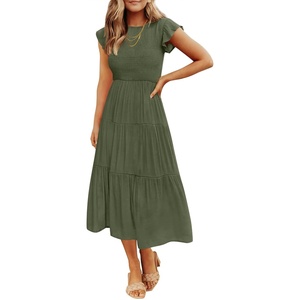 image:imageZESICA Womens 2026 Summer Casual Flutter Short Sleeve Smocked Midi DressArmy Green