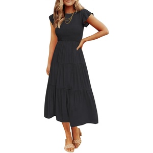 image:imageZESICA Womens 2026 Summer Casual Flutter Short Sleeve Smocked Midi DressBlack