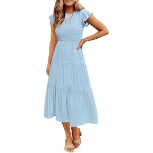 image:imageZESICA Womens 2026 Summer Casual Flutter Short Sleeve Smocked Midi DressBlue