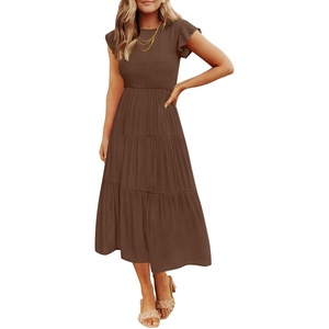 image:imageZESICA Womens 2026 Summer Casual Flutter Short Sleeve Smocked Midi DressCoffee