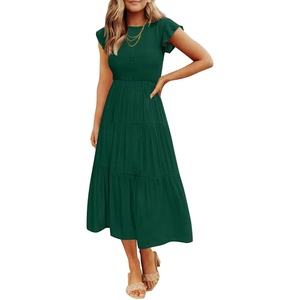 image:imageZESICA Womens 2026 Summer Casual Flutter Short Sleeve Smocked Midi DressDark Green