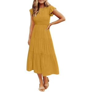 image:imageZESICA Womens 2026 Summer Casual Flutter Short Sleeve Smocked Midi DressGinger