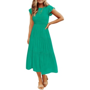 image:imageZESICA Womens 2026 Summer Casual Flutter Short Sleeve Smocked Midi DressGreen