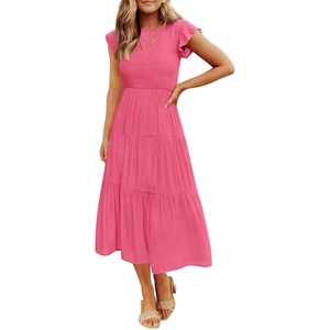 image:imageZESICA Womens 2026 Summer Casual Flutter Short Sleeve Smocked Midi DressHot Pink