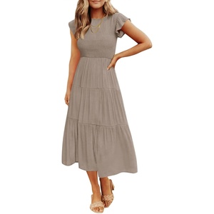 image:imageZESICA Womens 2026 Summer Casual Flutter Short Sleeve Smocked Midi DressLight Khaki