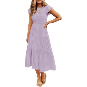 image:imageZESICA Womens 2026 Summer Casual Flutter Short Sleeve Smocked Midi DressLight Purple