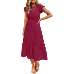 image:imageZESICA Womens 2026 Summer Casual Flutter Short Sleeve Smocked Midi DressPlum