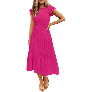 image:imageZESICA Womens 2026 Summer Casual Flutter Short Sleeve Smocked Midi DressRose