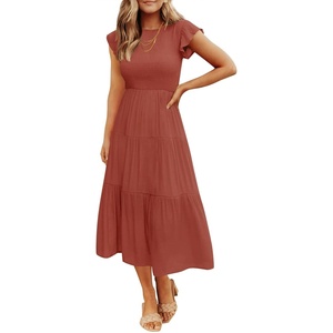 image:imageZESICA Womens 2026 Summer Casual Flutter Short Sleeve Smocked Midi DressRust