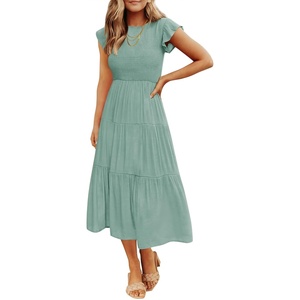 image:imageZESICA Womens 2026 Summer Casual Flutter Short Sleeve Smocked Midi DressSage