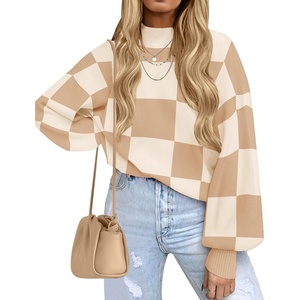 image:imageZESICA Womens Fall Fashion Turtleneck Long Sleeve Knit Oversized SweatersLightkhakiplaid