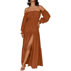 image:imageZESICA Womens Fall Long Sleeve Boho Off Shoulder Maxi DressesCaramel
