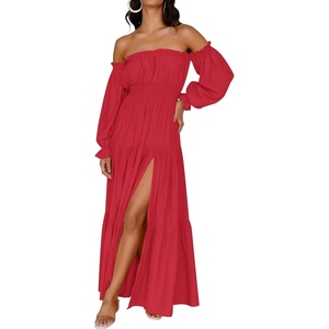 image:imageZESICA Womens Fall Long Sleeve Boho Off Shoulder Maxi DressesCherry