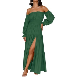 image:imageZESICA Womens Fall Long Sleeve Boho Off Shoulder Maxi DressesDark Green