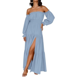 image:imageZESICA Womens Fall Long Sleeve Boho Off Shoulder Maxi DressesLight Blue