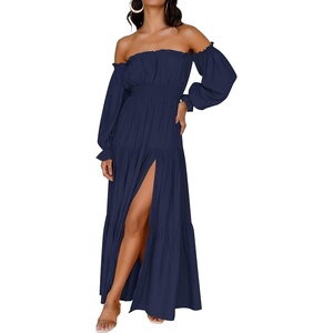 image:imageZESICA Womens Fall Long Sleeve Boho Off Shoulder Maxi DressesNavy