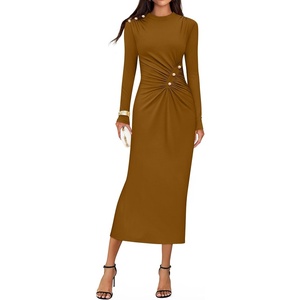 image:imageZESICA Womens Fall Long Sleeve Mock Neck Bodycon Midi DressBrown