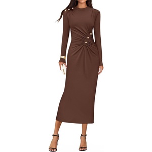 image:imageZESICA Womens Fall Long Sleeve Mock Neck Bodycon Midi DressCoffee