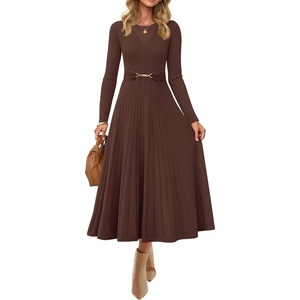 image:imageZESICA Womens Fall Long Sleeve Pleated Midi Sweater DressesCoffee
