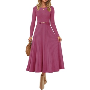 image:imageZESICA Womens Fall Long Sleeve Pleated Midi Sweater DressesEggplant