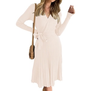 image:imageZESICA Womens Fall Long Sleeve Wrap Wedding Guest Midi Sweater DressesApricot