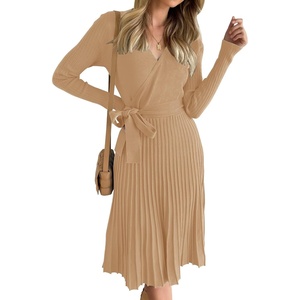 image:imageZESICA Womens Fall Long Sleeve Wrap Wedding Guest Midi Sweater DressesCamel