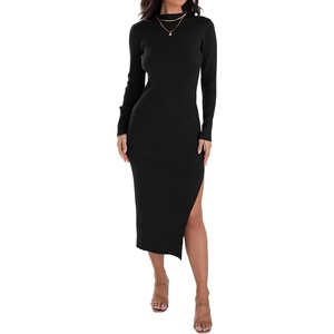 image:imageZESICA Womens Fall Slit Knit Long Sleeve Bodycon Sweater DressBlack