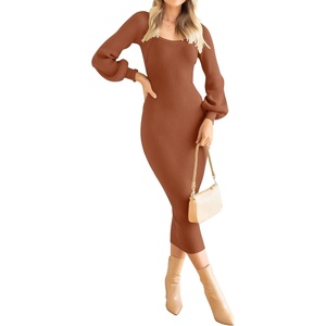 image:imageZESICA Womens Fall Slit Knit Long Sleeve Bodycon Sweater DressCoffee