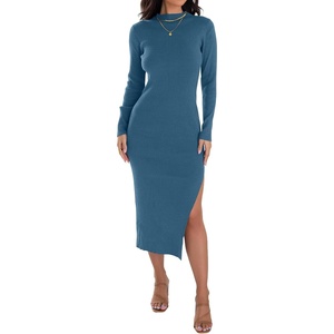 image:imageZESICA Womens Fall Slit Knit Long Sleeve Bodycon Sweater DressDarkblue