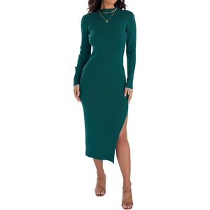 image:imageZESICA Womens Fall Slit Knit Long Sleeve Bodycon Sweater DressDarkgreen