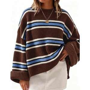 image:imageZESICA Womens Fall Winter Oversized Striped Knit Sweaters Fashion ClothesCoffee Brown