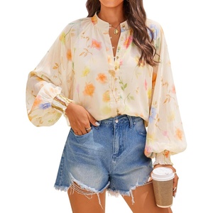 image:imageZESICA Womens Floral Print Long Sleeve Button Down Boho TopApricot