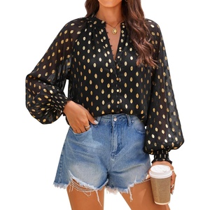image:imageZESICA Womens Floral Print Long Sleeve Button Down Boho TopBlack Gold