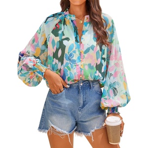 image:imageZESICA Womens Floral Print Long Sleeve Button Down Boho TopGreen