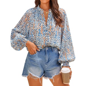 image:imageZESICA Womens Floral Print Long Sleeve Button Down Boho TopWhite Blue