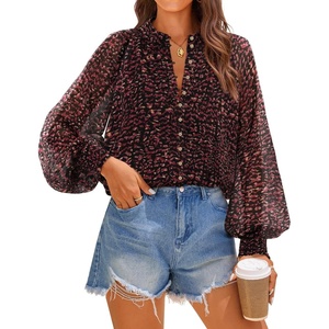 image:imageZESICA Womens Floral Print Long Sleeve Button Down Boho TopWine Red