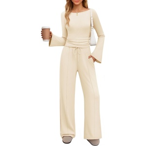 image:imageZESICA Womens Long Sleeve Boat Neck Wide Leg Pants 2 Piece SetsApricot
