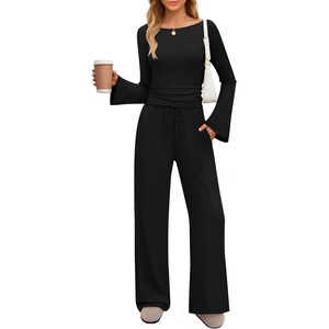 image:imageZESICA Womens Long Sleeve Boat Neck Wide Leg Pants 2 Piece SetsBlack