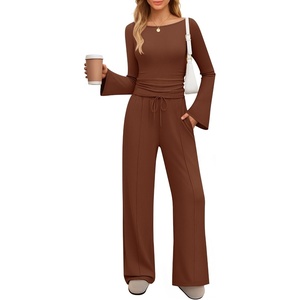 image:imageZESICA Womens Long Sleeve Boat Neck Wide Leg Pants 2 Piece SetsCaramel