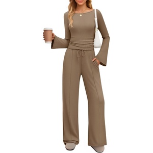 image:imageZESICA Womens Long Sleeve Boat Neck Wide Leg Pants 2 Piece SetsKhaki