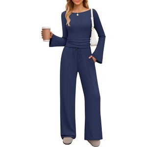 image:imageZESICA Womens Long Sleeve Boat Neck Wide Leg Pants 2 Piece SetsNavy