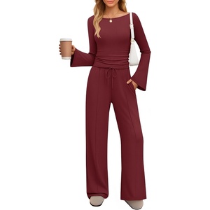 image:imageZESICA Womens Long Sleeve Boat Neck Wide Leg Pants 2 Piece SetsWine