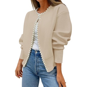 image:imageZESICA Womens Pearls Trim Open Front Cardigan SweaterApricot
