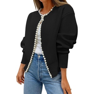 image:imageZESICA Womens Pearls Trim Open Front Cardigan SweaterBlack